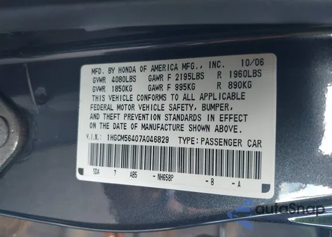 2007 Honda Accord 2.4 Lx z USA, uszkodzony, nr VIN 1HGCM56407A046829